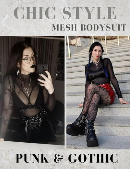 Back view of black mesh long sleeve bodysuit with geometric pattern