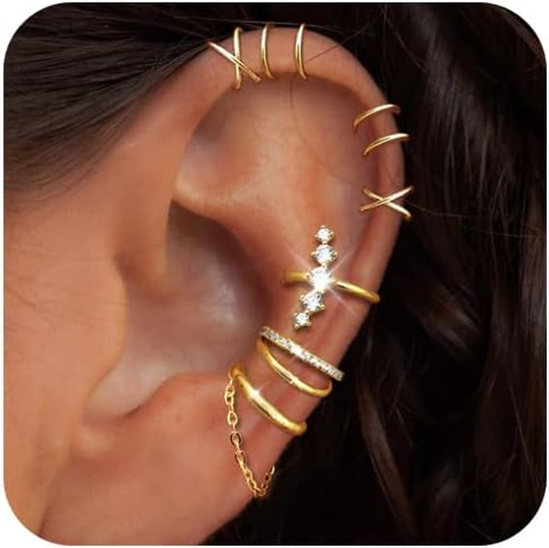 Ear Cuff Earrings for Women Non Piercing 14K Gold/Sterling Silver Plated Hoop Cuffs Non Pierced Fake Earring Dainty Faux Earrings Hypoallergenic Cartilage Ear Clips Jewelry