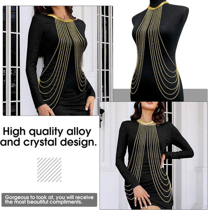 Yomiie Body Chain Layered Gold Tassels Necklace Fashion Jewelry Belly Waist Bra Boho Hot Bikini Beach Harness Anniversary Festival Gift for Women Lady