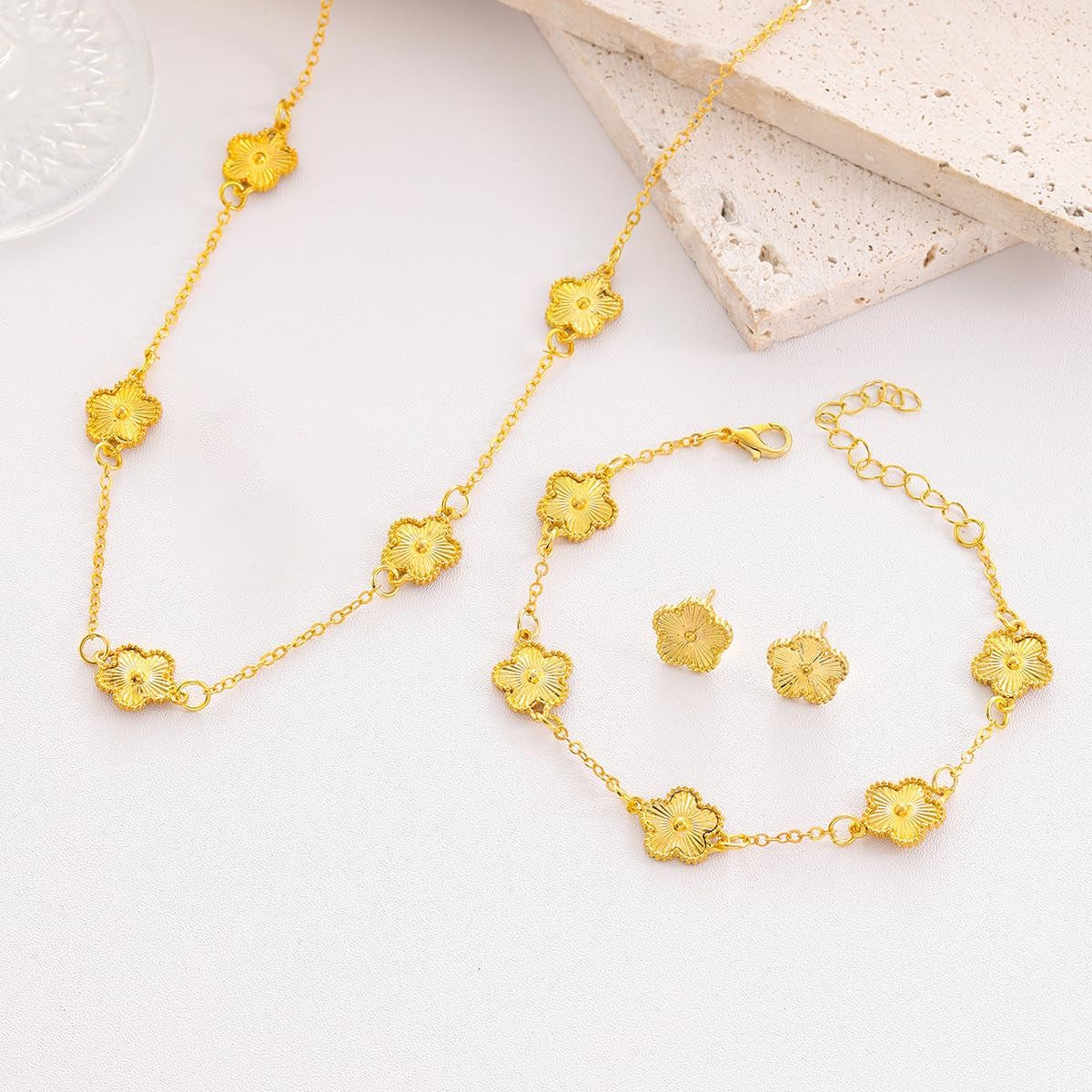 Lucky Clover Sets, 18K Gold Plated Five Leaf Necklace Pendant, Bracelet, Earrings for Women Flower Link Bracelets Set Jewelry Gifts for Women