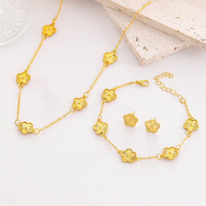 Lucky Clover Sets, 18K Gold Plated Five Leaf Necklace Pendant, Bracelet, Earrings for Women Flower Link Bracelets Set Jewelry Gifts for Women