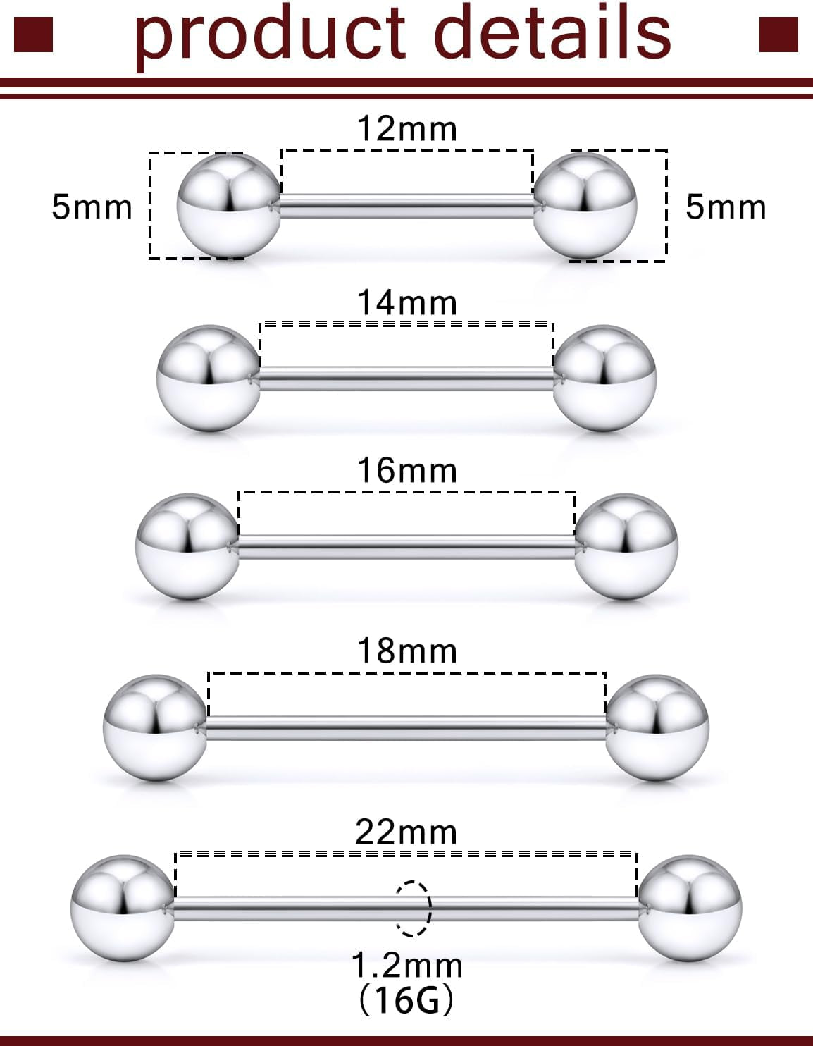 Prjndjw 14G Surgical Steel Straight Barbell - Tongue & Nipple Rings for Women & Men - Length 12MM, 14MM, 16MM, 18MM, 22Mm - Piercing Jewelry