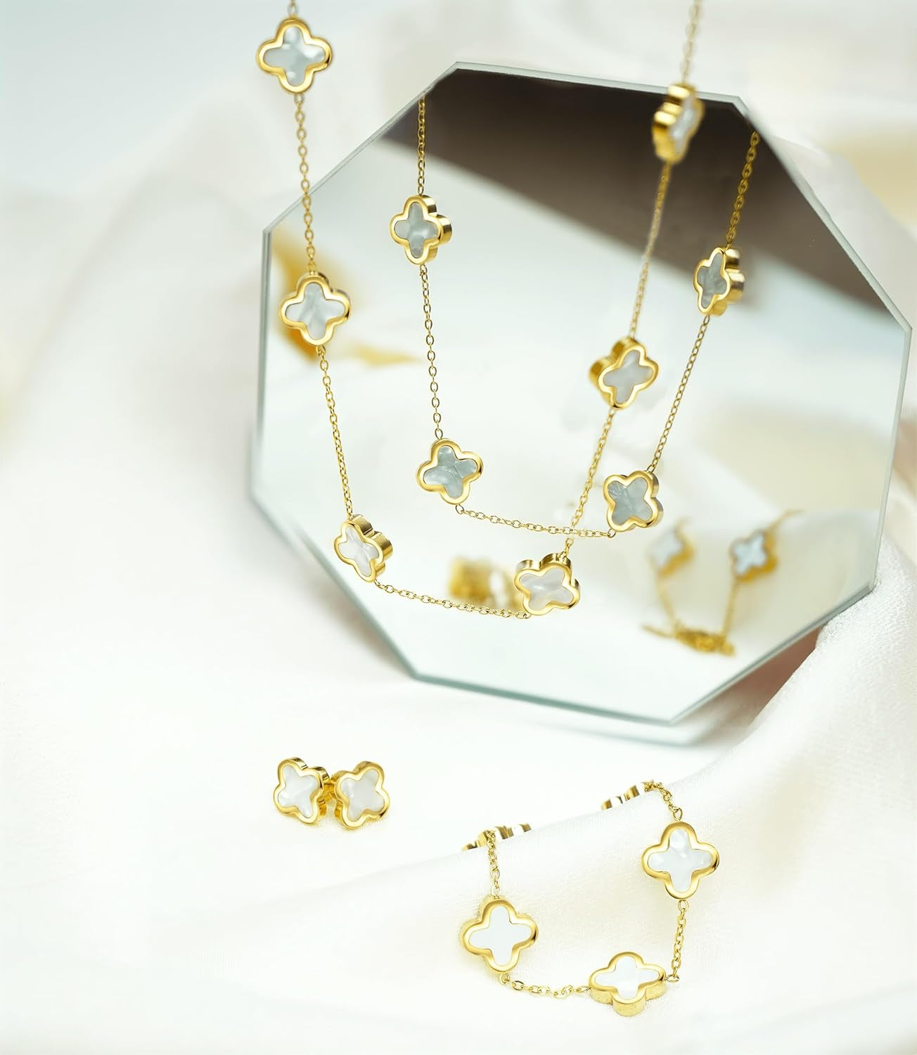 Four Leaf Clover Necklace Bracelet Earring Set for Women | 18K Gold Plated 4 Leaf Lucky Jewelry