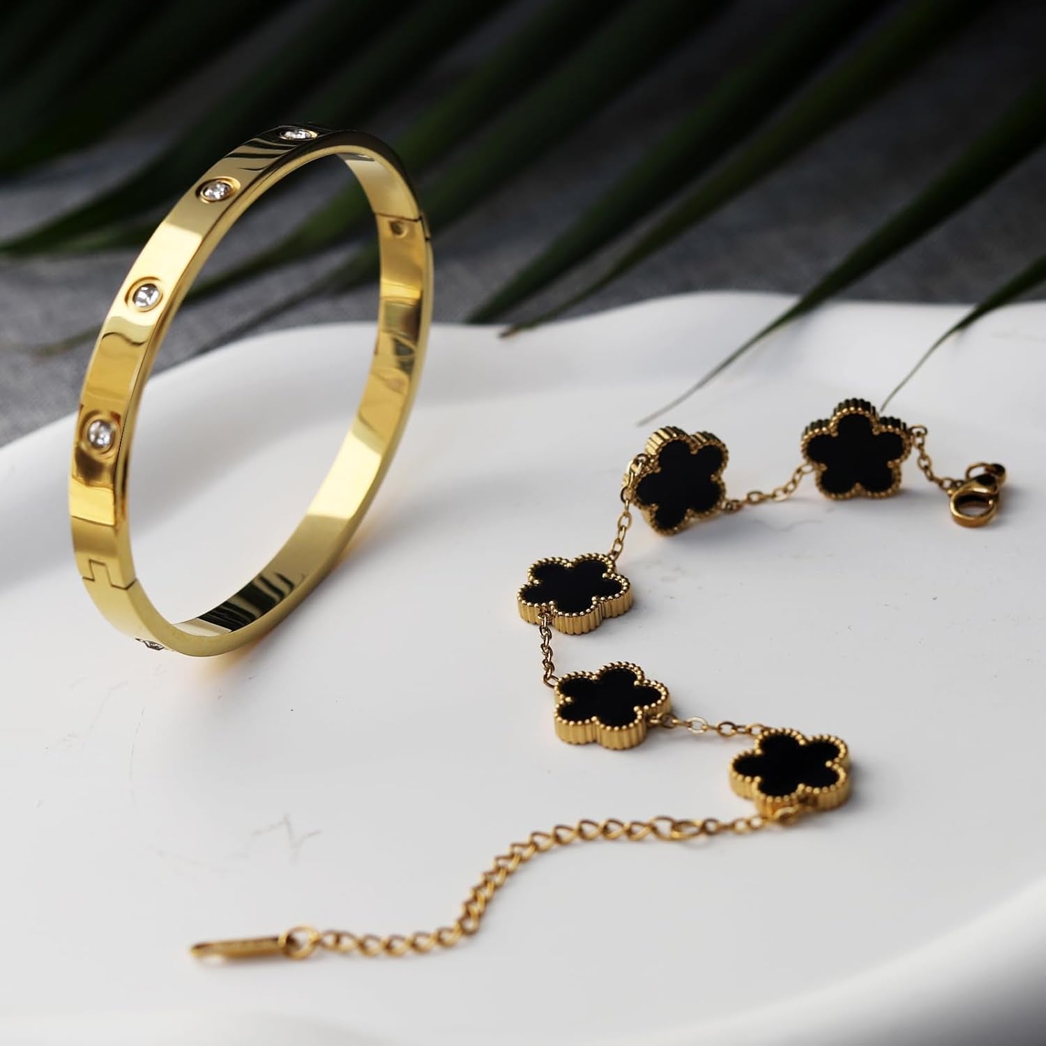 18K Gold Plated Lucky Clover Bracelet and Friendship Love Bangle Bracelets Set for Women Girlfriend Gold Cubic Zirconia Bracelet Set, Christmas Valentines Wedding Birthday Gifts