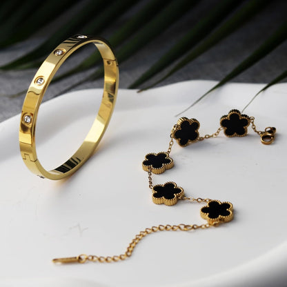 18K Gold Plated Lucky Clover Bracelet and Friendship Love Bangle Bracelets Set for Women Girlfriend Gold Cubic Zirconia Bracelet Set, Christmas Valentines Wedding Birthday Gifts