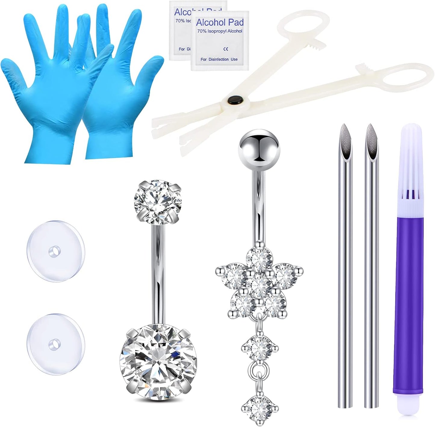 DJCIW Belly Button Piercing Kit,14G Sparkling Cubic Zirconia Dangle Ring with 12G Piercing Needles and Clamp,10Mm 12Mm Surgical Steel Implant Grade Jewelry for Safe Body Piercing Starter Kit