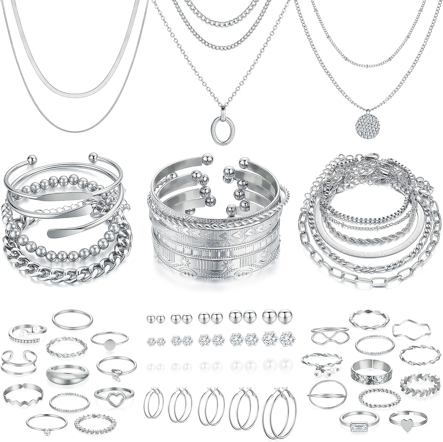 FAXHION 68 Pcs Gold Jewelry Set for Women with 7 Necklace, 17 Bracelet, 5 Hoop Earrings, 15 Stud Earrings, 24 Knuckle Rings for Women Jewelry Set for Women