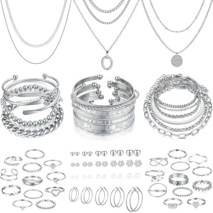 FAXHION 68 Pcs Gold Jewelry Set for Women with 7 Necklace, 17 Bracelet, 5 Hoop Earrings, 15 Stud Earrings, 24 Knuckle Rings for Women Jewelry Set for Women