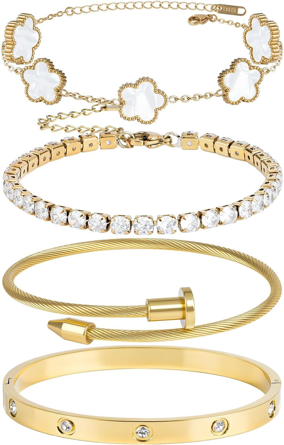 Bracelet Bangle Set, 4Pcs Stackable Four Leaf Gold Bracelet Set for Wife Mom Girlfriend