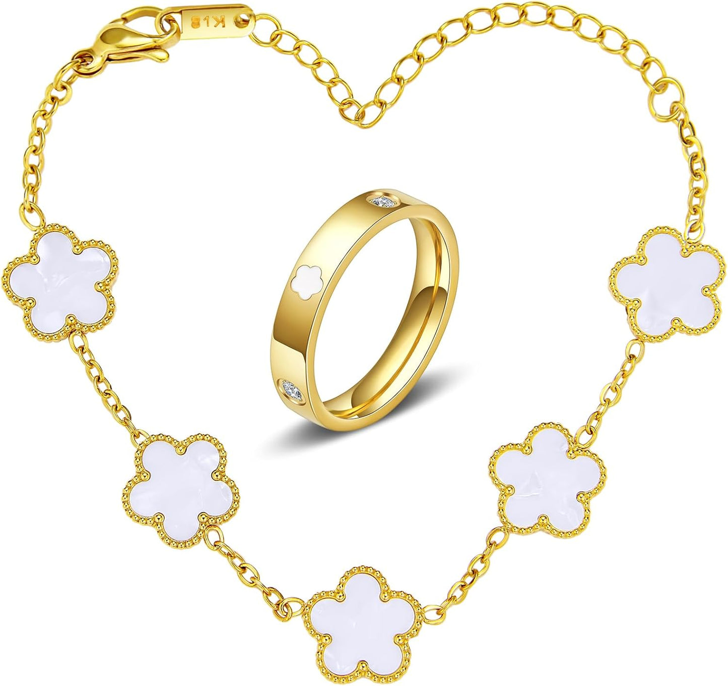 Gold Silver Butterfly Clover Bracelet Ring Set, Stainless Steel Cuff Bangle Jewelry Dainty Love Design for Women Wedding Birthday Gift