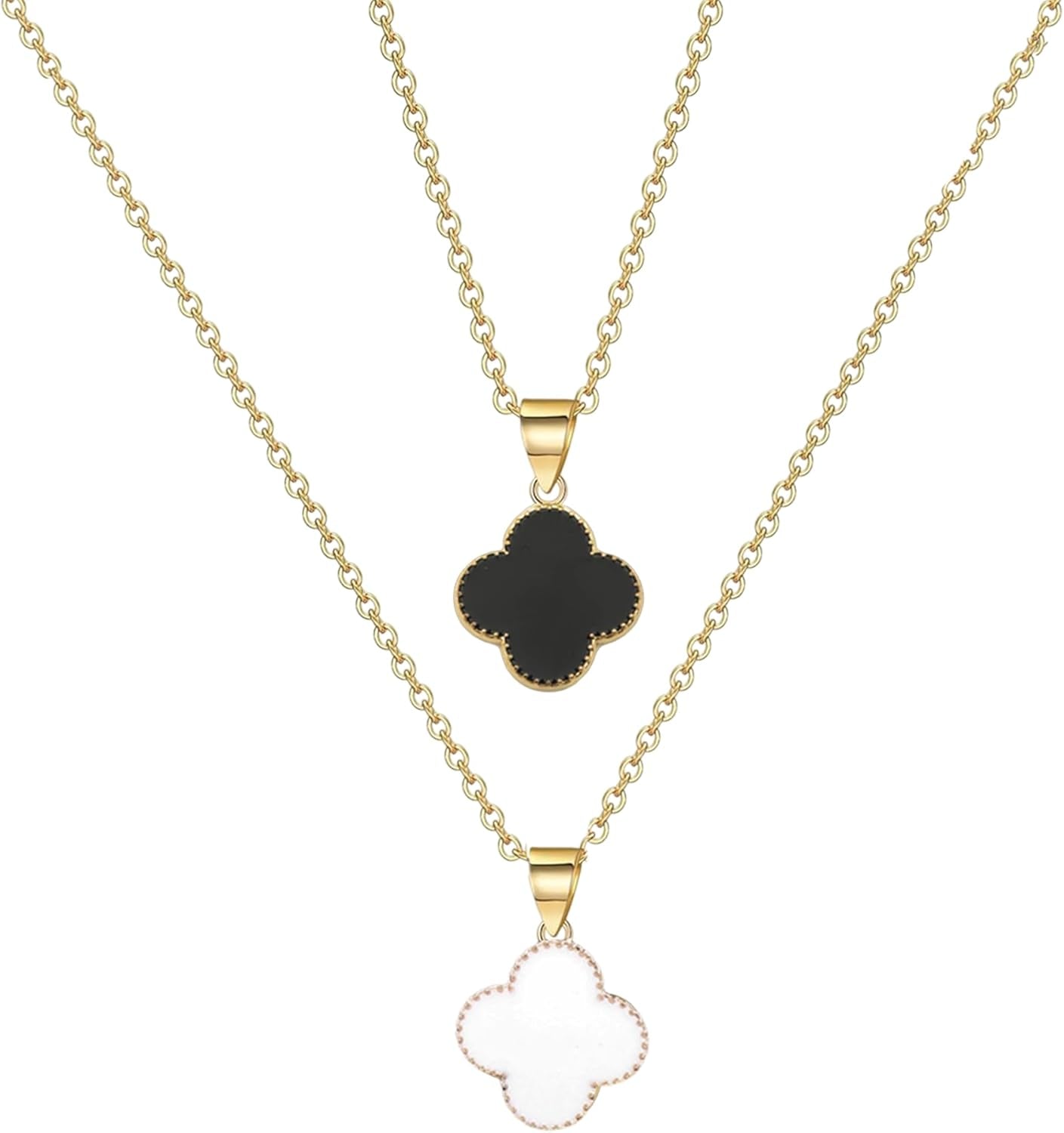 2-Piece 18K Gold Plated Four Leaf Clover Necklace Set | Dainty Lucky Charm Jewelry for Women | Gift for Valentine’S Day, Anniversary & Wedding (Black/White)
