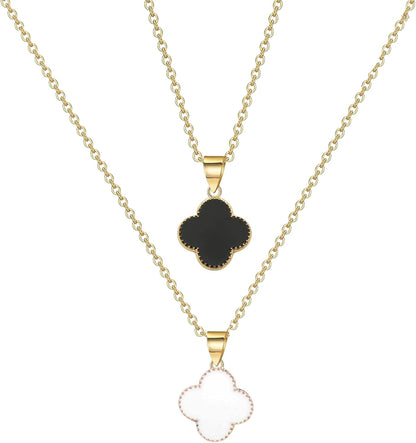 2-Piece 18K Gold Plated Four Leaf Clover Necklace Set | Dainty Lucky Charm Jewelry for Women | Gift for Valentine’S Day, Anniversary & Wedding (Black/White)