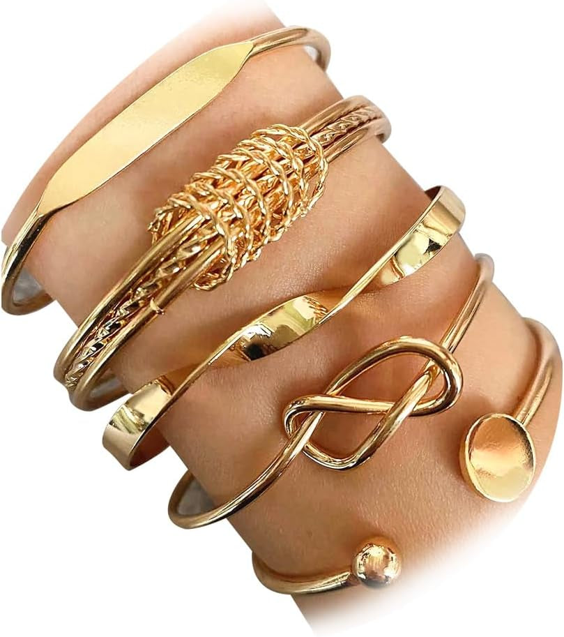 17IF Gold Bangle Bracelet for Women 14K Plated Multi Layer Cuff Bracelets Set Trendy Boho Textured Indian Punk Chunky Cable Smooth Bangles Elegance Stack Minimalist Jewelry Gift