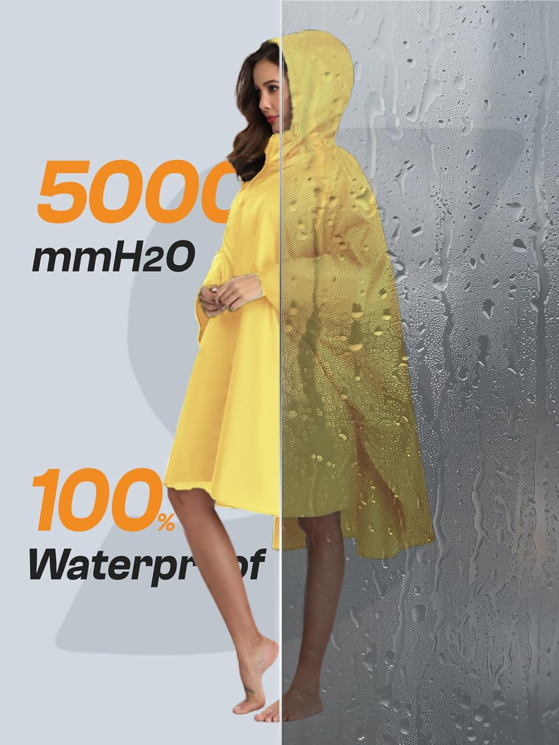 Woman wearing hooded rain poncho with functional pockets