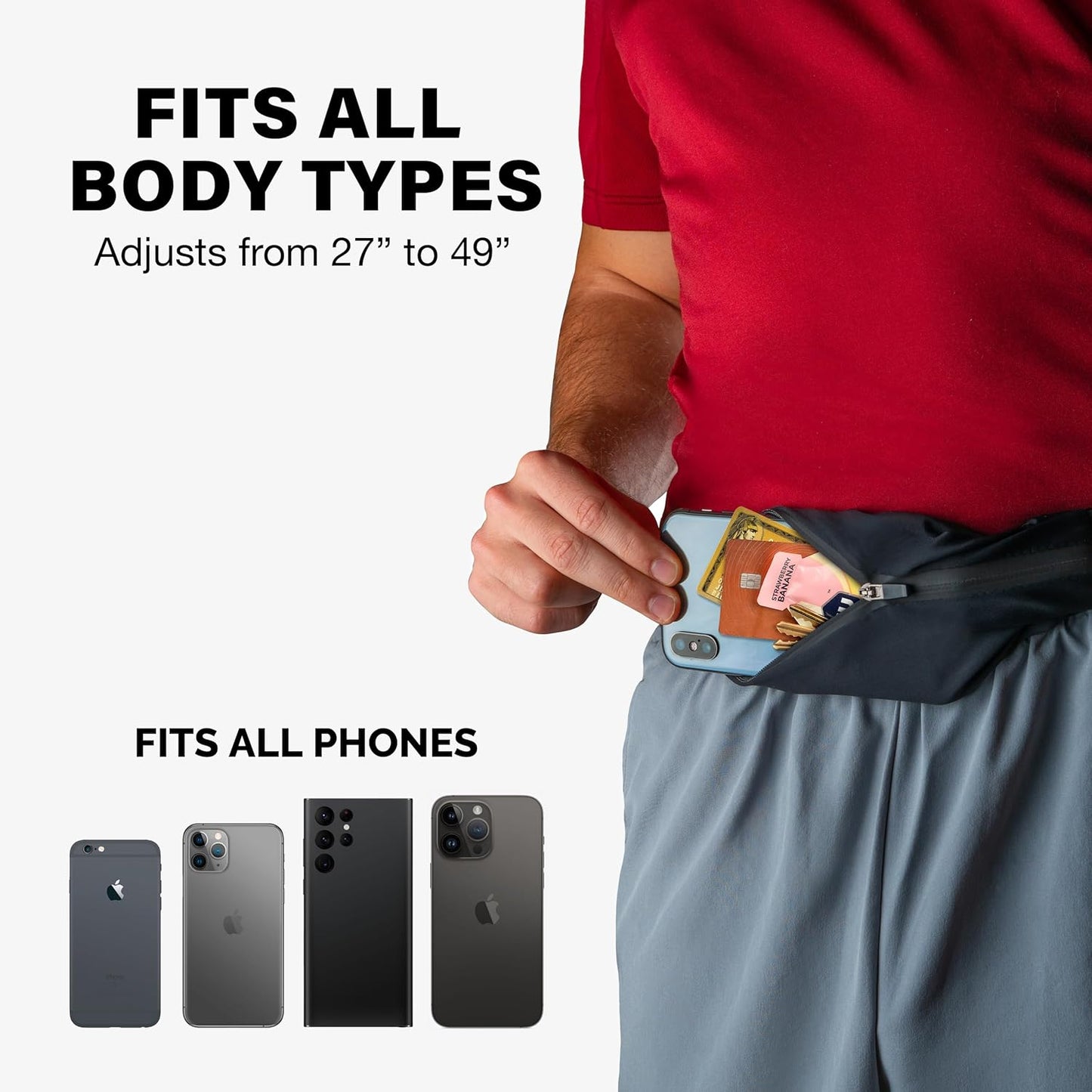 Slim phone holder belt displayed flat with expandable pocket