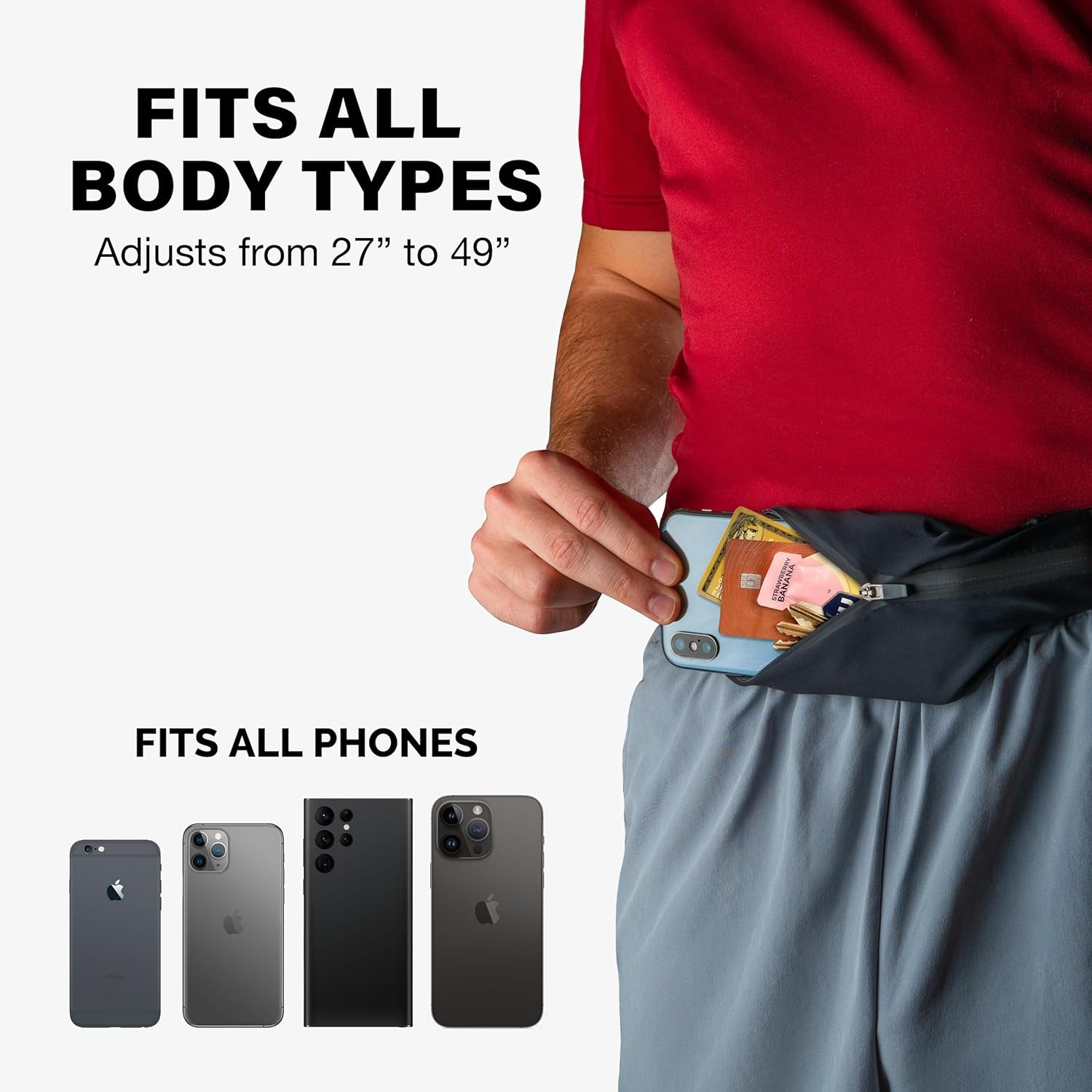 Slim phone holder belt displayed flat with expandable pocket