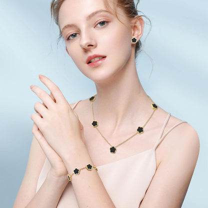 Double-Sided Clover Jewelry Set - 18K Gold Plated Flower Design Five Leaf Clover Bracelet Pendant Necklace and Stud Earrings for Women.Lucky Gifts for Mom Wife Daughter Friends