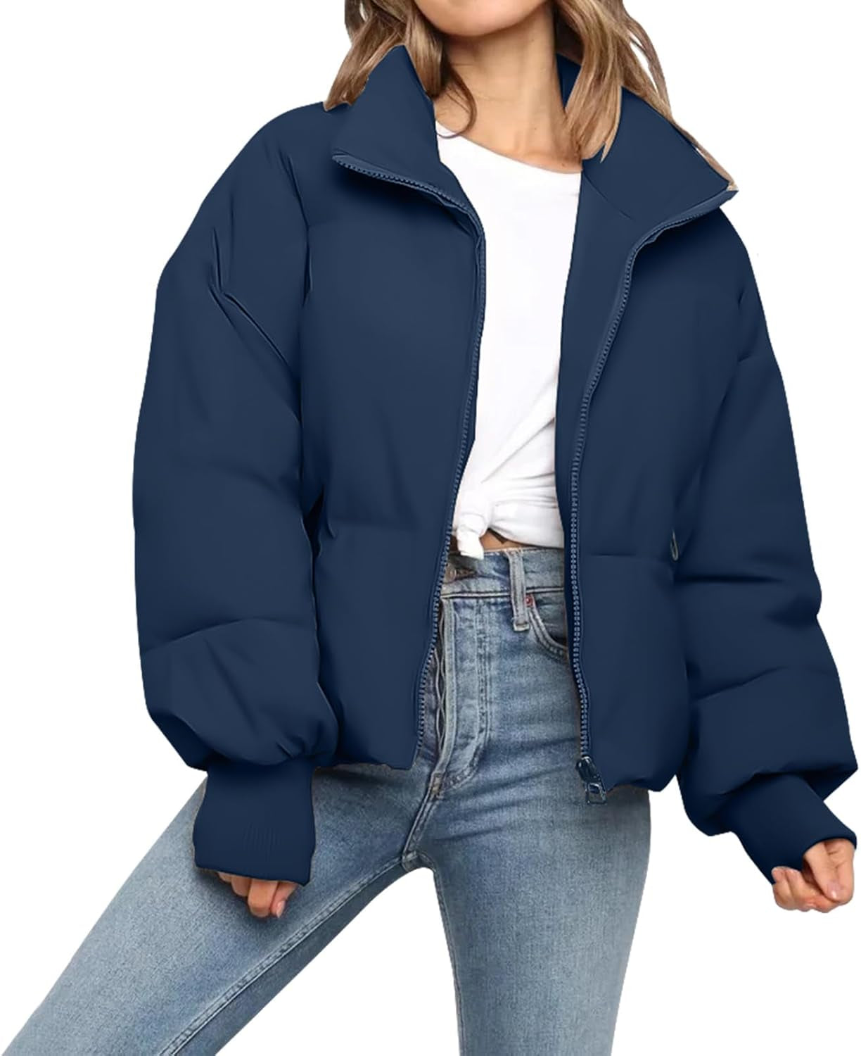 Women’S Winter Cropped Puffer Jacket Coat Casual Quilted Baggy Long Sleeve Zip down Jackets Outerwear