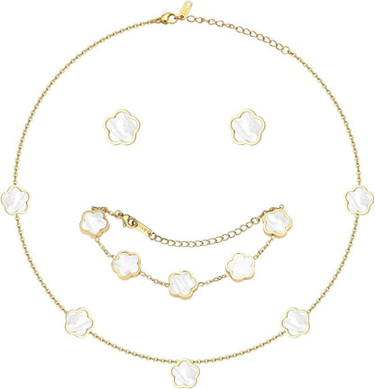 Double-Sided Clover Jewelry Set - 18K Gold Plated Flower Design Five Leaf Clover Bracelet Pendant Necklace and Stud Earrings for Women.Lucky Gifts for Mom Wife Daughter Friends