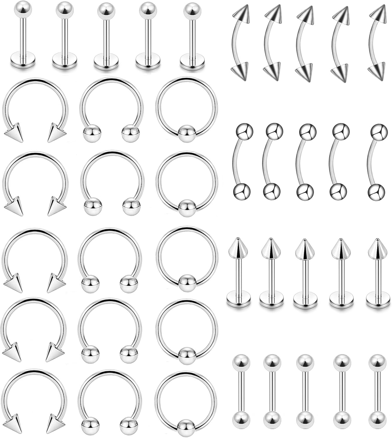 40Pcs 16G Lip Rings Surgical Steel Jewelry Labret Monroe Barbell Daith Tragus Helix Piercing Septum Nose Ring Eyebrow Body Jewelry for Women Men
