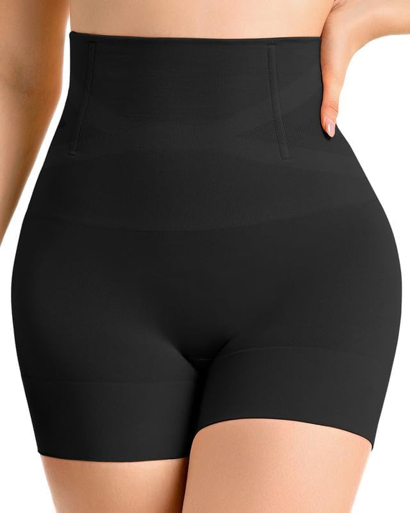 High waisted shapewear shorts in black worn by woman front view