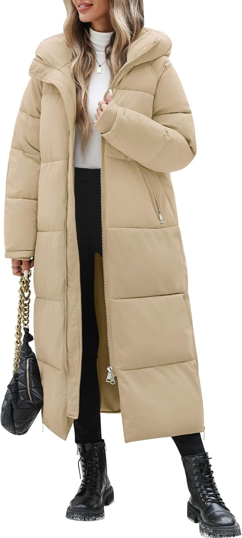 HEEKPEK Women Long Winter Coat Thickened Quilted Puffer Coats Hooded Full Length Padded Trendy Warm Outerwear with Hem Slit
