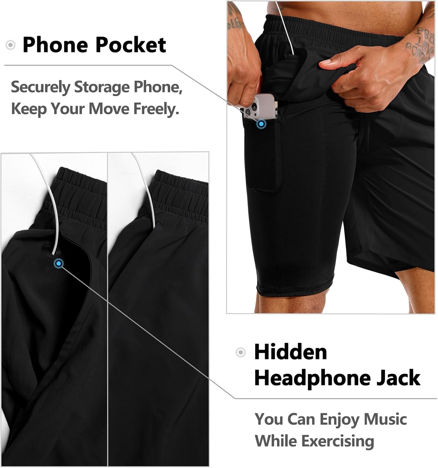 Men's gym workout shorts with built-in liner and phone storage