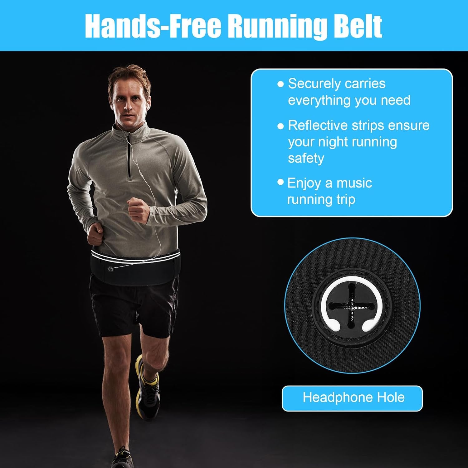 Running belt fanny pack flat lay showing breathable mesh panels and adjustment straps
