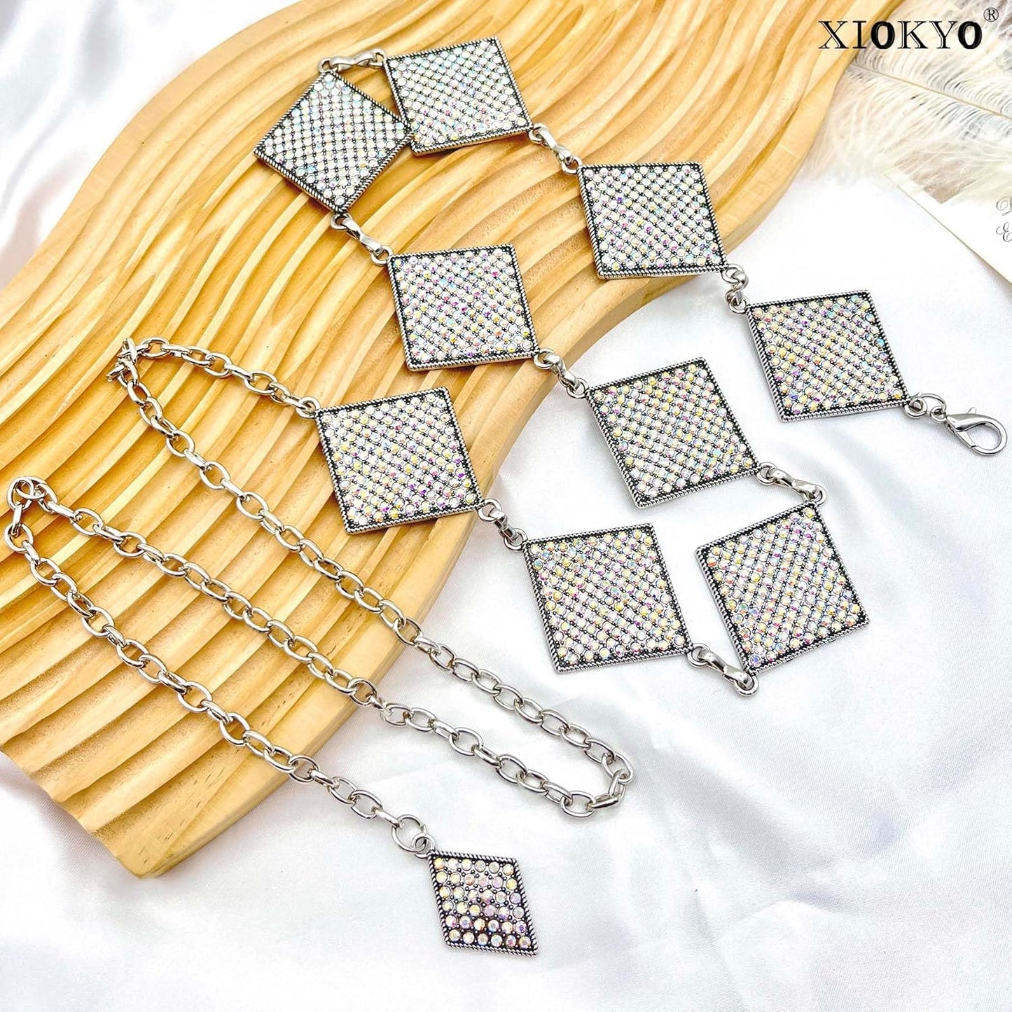 Bling Rhinestone Concho Belt for Women Dazzled Chain Belt Silver Rhombus Western Sparkly Crystal Belt for Dress