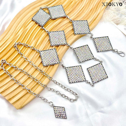 Bling Rhinestone Concho Belt for Women Dazzled Chain Belt Silver Rhombus Western Sparkly Crystal Belt for Dress
