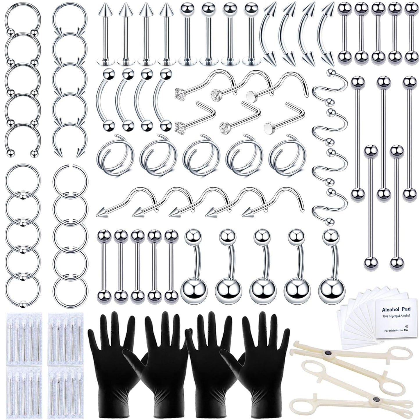 80PCS Nose Piercing Kit: Stainless Steel Body Piercing Jewelry with 12G, 14G, 16G, 20G Needles for Ear, Nose, Lip, Eyebrow