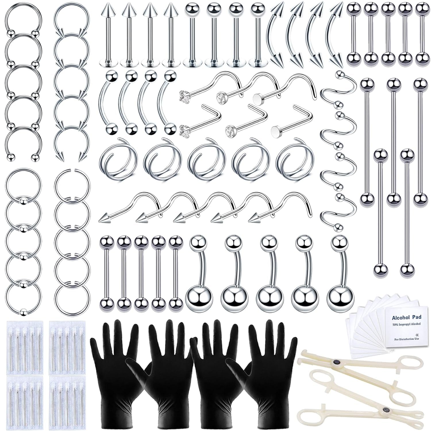 80PCS Nose Piercing Kit: Stainless Steel Body Piercing Jewelry with 12G, 14G, 16G, 20G Needles for Ear, Nose, Lip, Eyebrow