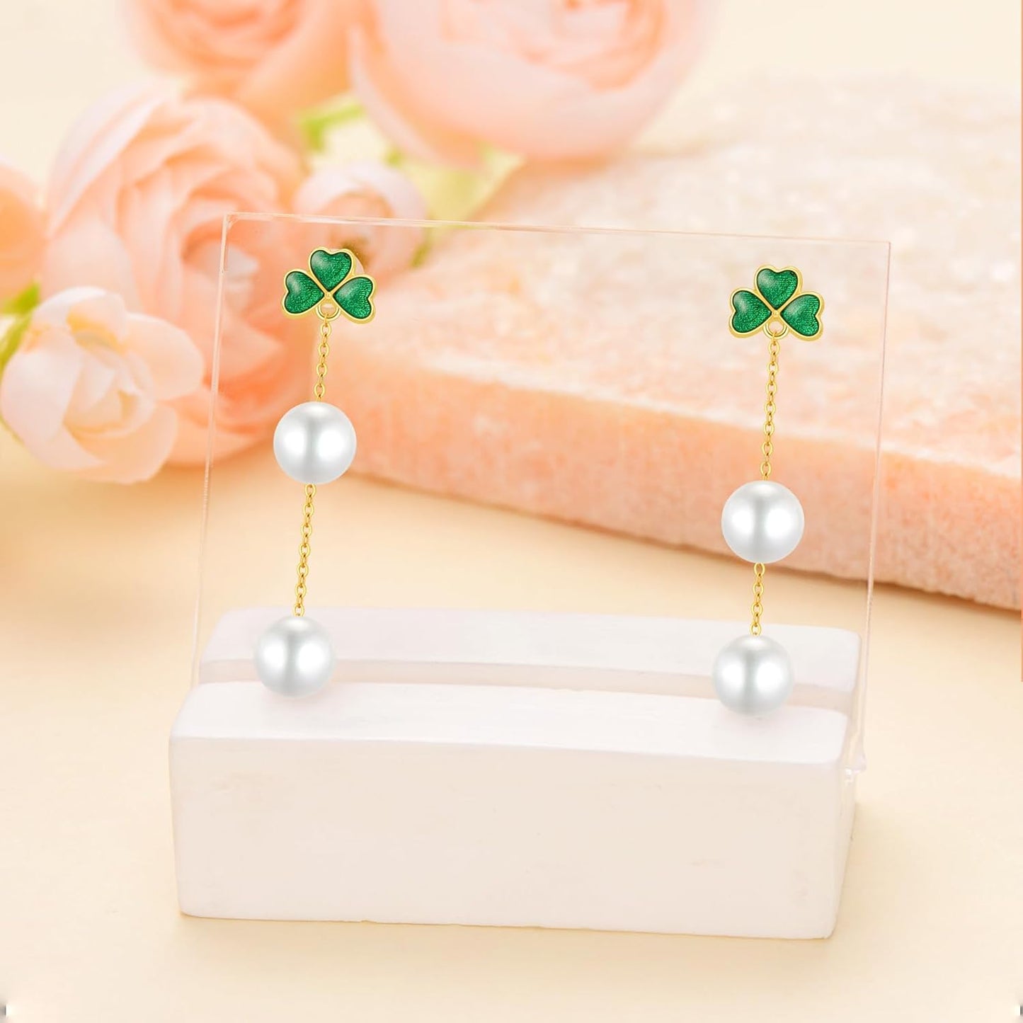 SISGEM 14K Gold Pearl Four Clover Bracelet and Earrings for Women, Lucky Jewekry Gifts for Her