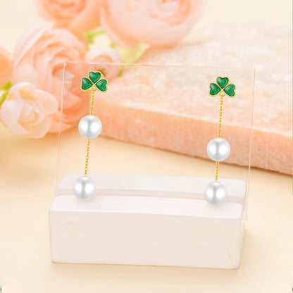 SISGEM 14K Gold Pearl Four Clover Bracelet and Earrings for Women, Lucky Jewekry Gifts for Her