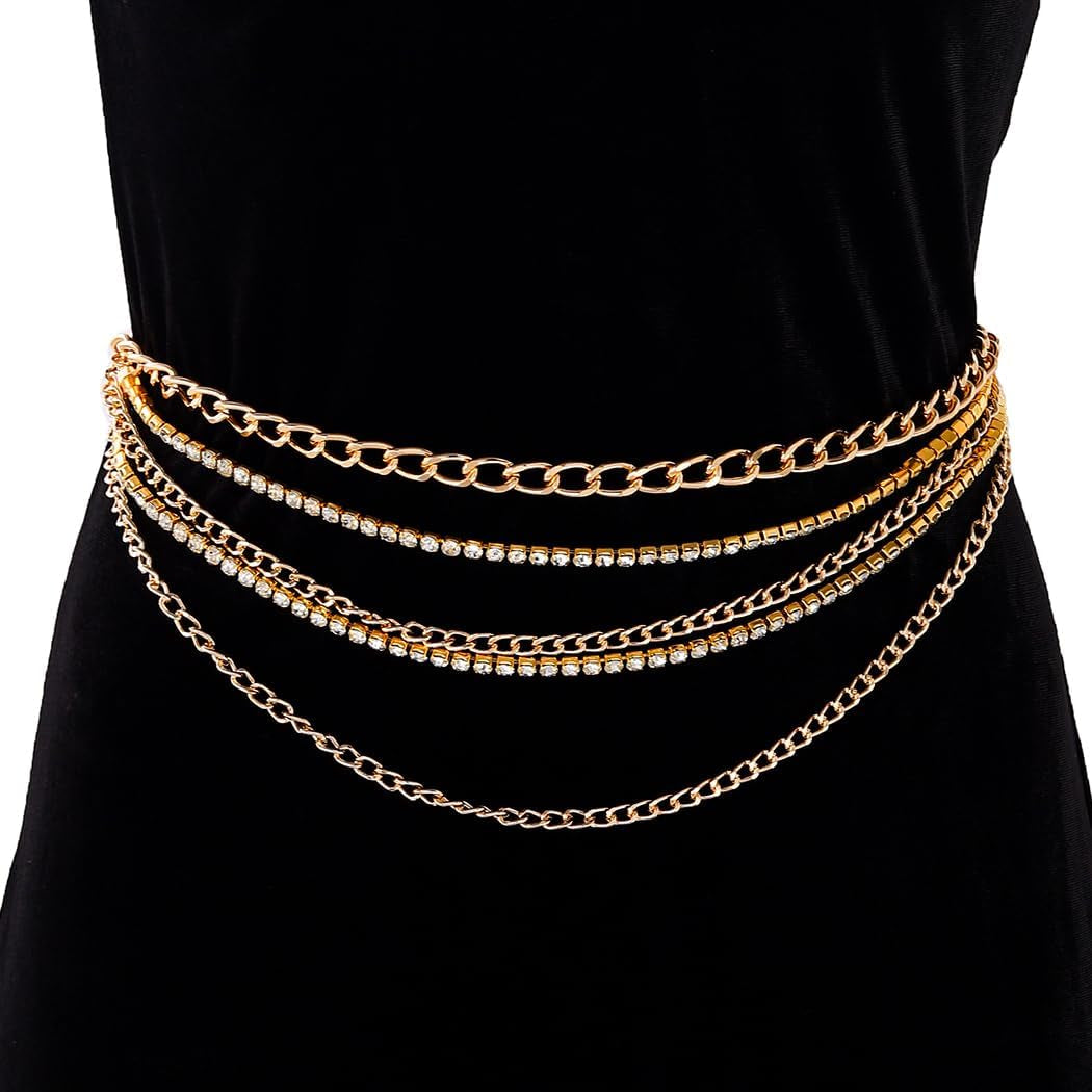 Rhinestone Sparkly Waist Chain Gold Layered Waist Chains Crystal Belly Chain Tassels Body Jewelry for Women