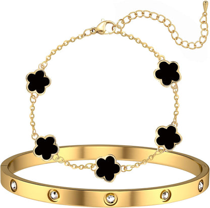 18K Gold Plated Lucky Clover Bracelet and Friendship Love Bangle Bracelets Set for Women Girlfriend Gold Cubic Zirconia Bracelet Set, Christmas Valentines Wedding Birthday Gifts