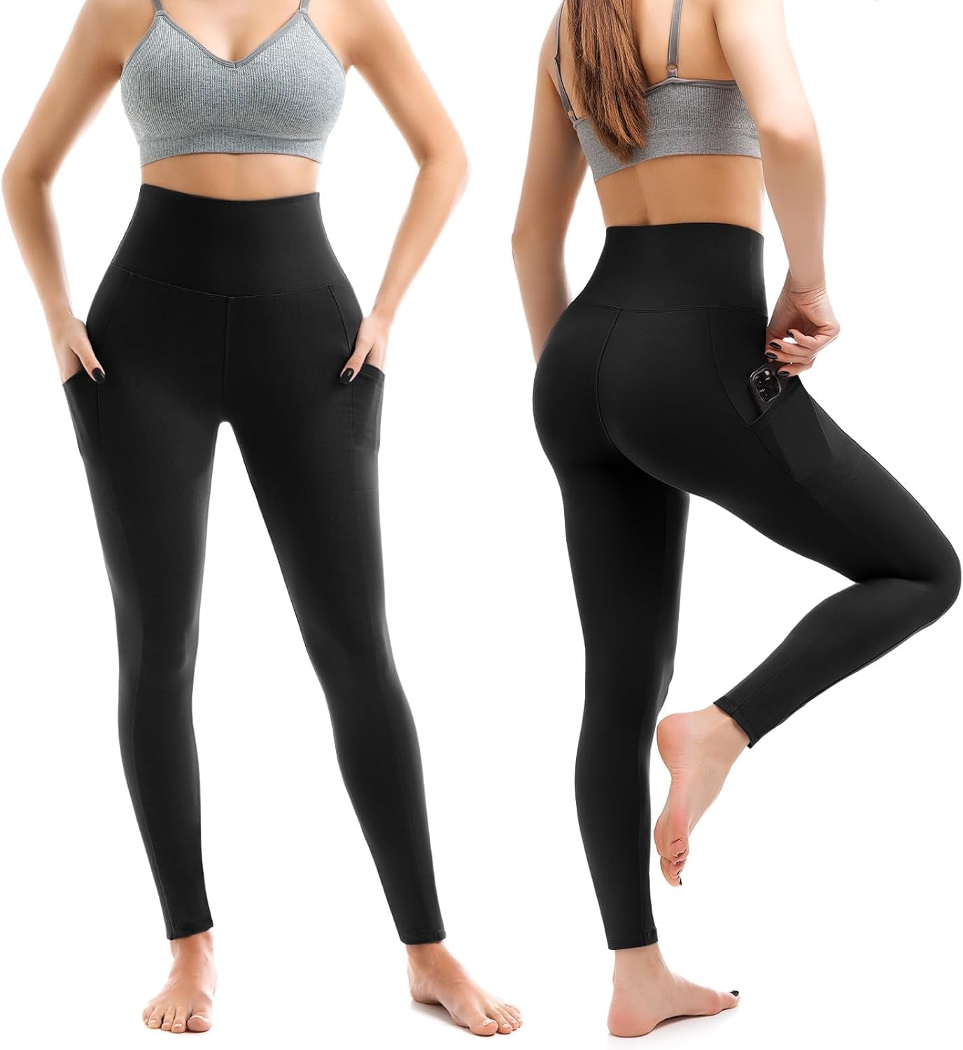 Women wearing soft yoga leggings demonstrating pocket placement