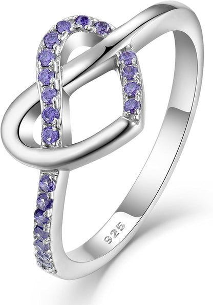 YL Love Knot Heart Promise Ring 925 Sterling Silver Infinity Rings Birthstone Anniversary Band for Women