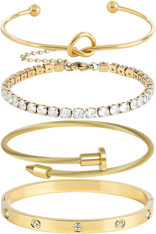 Bracelet Bangle Set, 4Pcs Stackable Four Leaf Gold Bracelet Set for Wife Mom Girlfriend