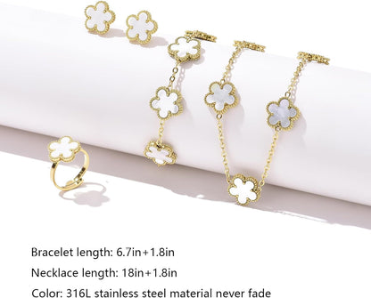14K Gold Plated Double Sided Clover Bracelet Earring Necklace Rings Clover Sets for Women Lucky Jewelry