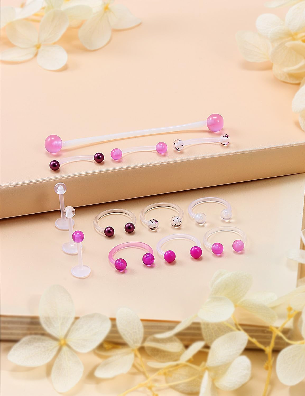 Jenxnjsjo Clear/Pink/Purple Lip Septum Rings Eyebrow Industrial Smiley Piercing Jewelry Plastic Cartilage Helix Tragus Daith Earrings Vertical Labret Medusa Retainers Kits for Surgery Work Sports