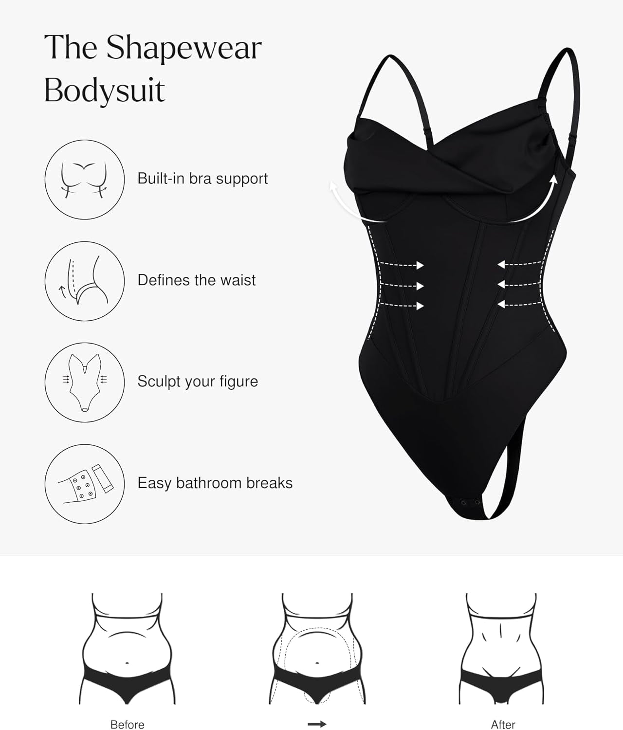 Cowl neck corset bodysuit tummy control shapewear front
