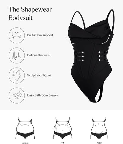 Cowl neck corset bodysuit tummy control shapewear front