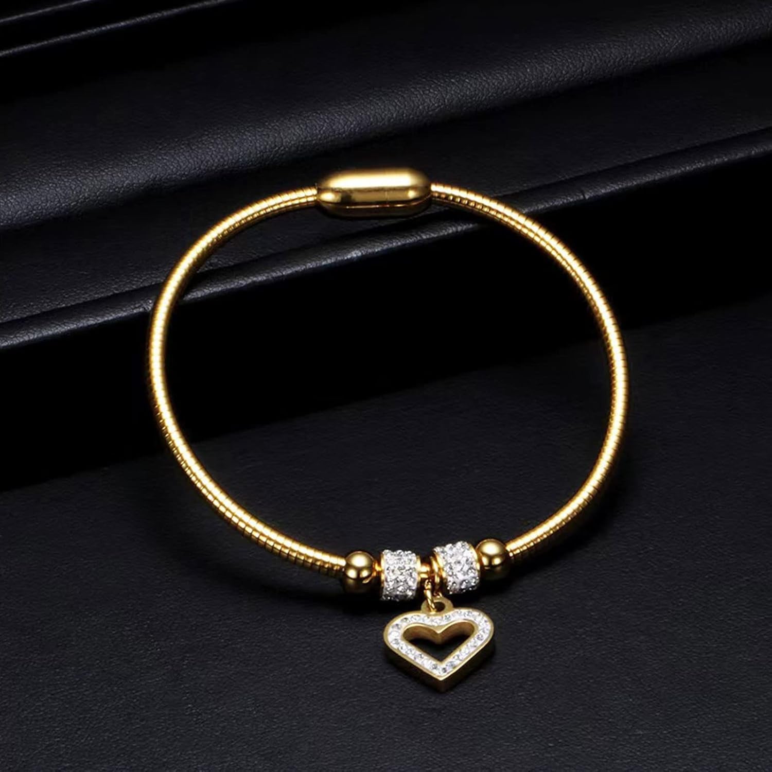 Kunbead Heart Charm Birthday Bracelet Stainless Steel Love Bangle Cuff Jewelry Bracelets for Women