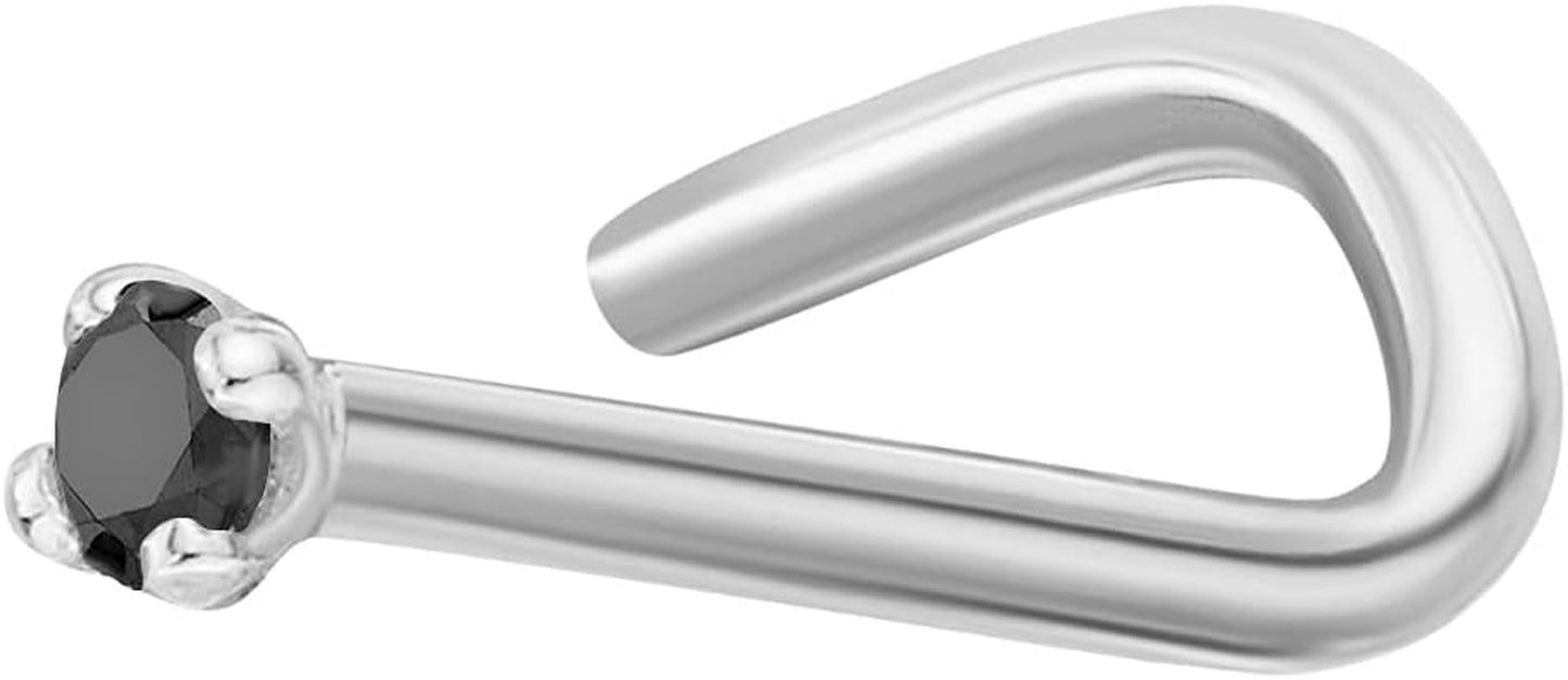 Lavari Jewelers 0.01 to 0.07 Carat Black Diamond Curved Screw Nose Stud for Women - 14K White Gold Nose Ring - Unisex Stud Hypoallergenic Nostril Piercing Jewelry - 20G Body Piercing for Men
