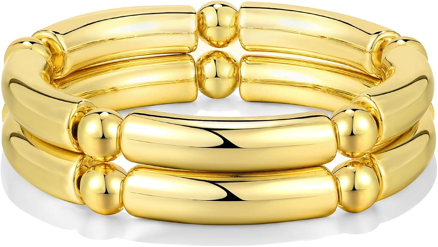Gold Chunky Bangles Bracelets for Women 14K Gold Plated Stack Layered Curved Bamboo Tube Stretch Bracelets Gift Jewelry