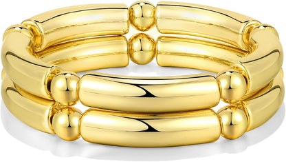 Gold Chunky Bangles Bracelets for Women 14K Gold Plated Stack Layered Curved Bamboo Tube Stretch Bracelets Gift Jewelry