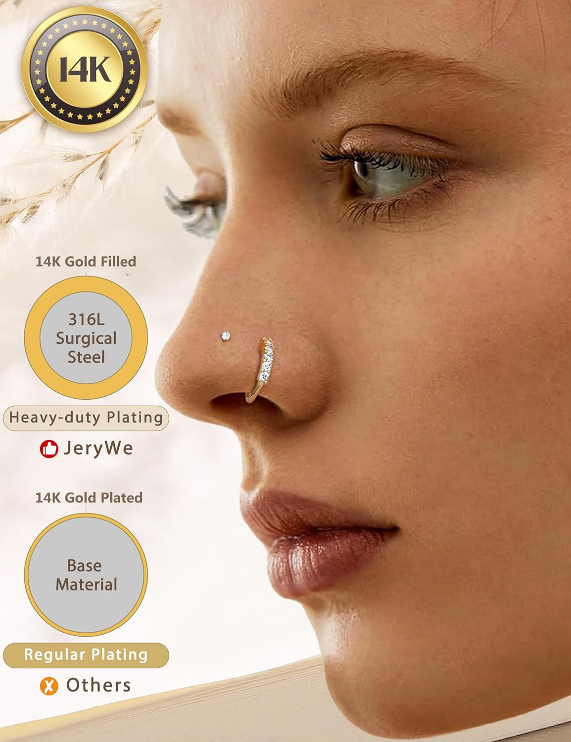 Jerywe Nose Rings for Women - 14K Gold Filled Hypoallergenic Surgical Steel Nose Ring Hoops CZ Lip Ring Screw L Shaped Studs Threadless Flat Back Stud Nose Piercings Jewelry for Women Men