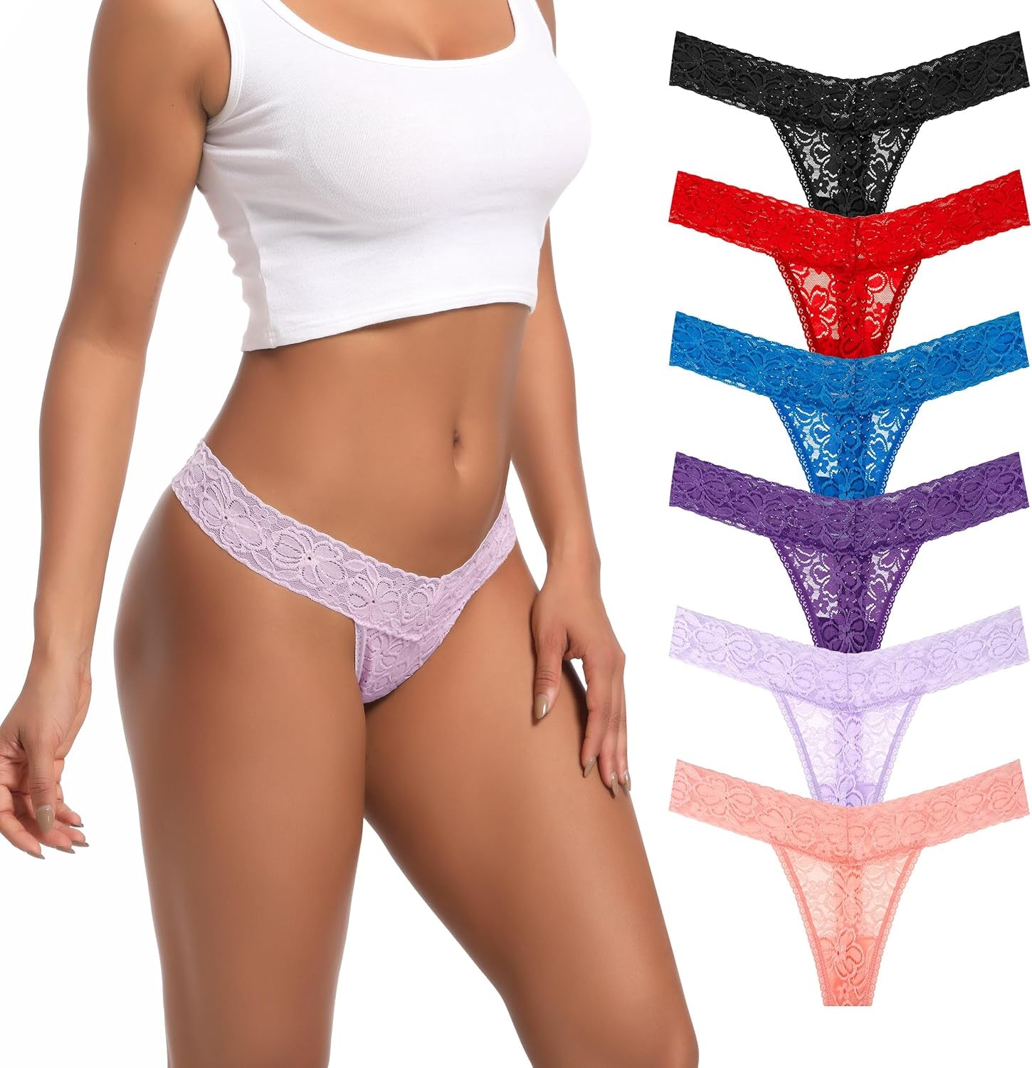 Pack 6 Seamless Lace Thongs for Women plus Size Breathable Panties Low Rise T-Back Stretch Cotton No Show Underwear