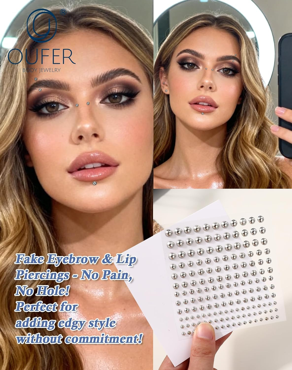 OUFER Stick on Acrylic Fake Piercings, Fake Lip Studs Eyebrow Piercing, Fake Face Piercing Nose Stud Non-Piercing Kit Piercing Balls Adhesive Face Jewelry